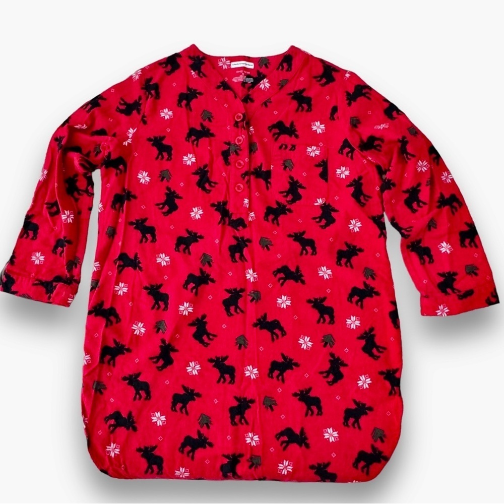 Sleep Sense Size M Portuguese Flannel Red/Black Moose & Snowflake Sleep Shirt